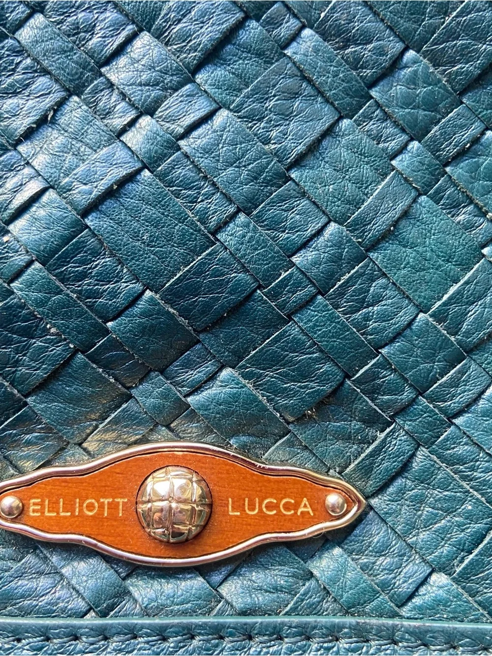 Elliott Lucca Teal Woven Leather Shoulder Bag with Branded Plaque